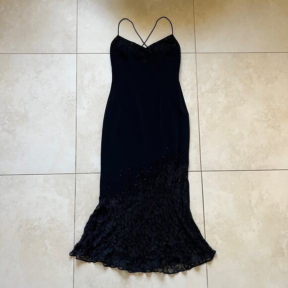 Cache Black Lace Beaded Crisscross Back Evening Formal Mermaid Dress Size 2 - Picture 2 of 15